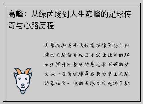 高峰：从绿茵场到人生巅峰的足球传奇与心路历程
