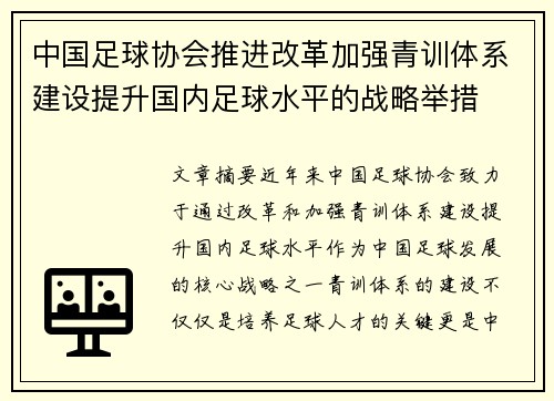 中国足球协会推进改革加强青训体系建设提升国内足球水平的战略举措